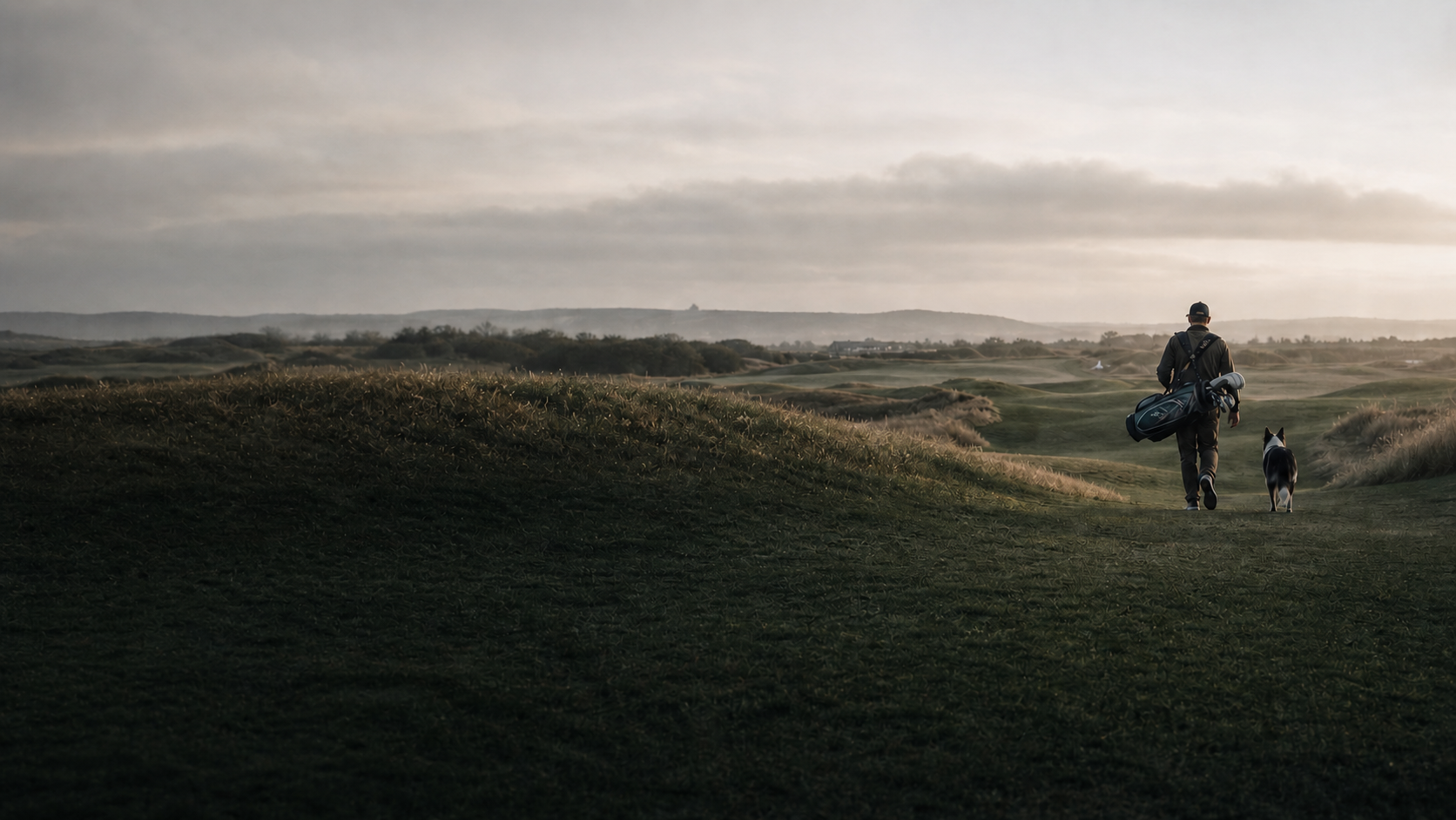 A golfer and rescue dog walking across a misty fairway at first light