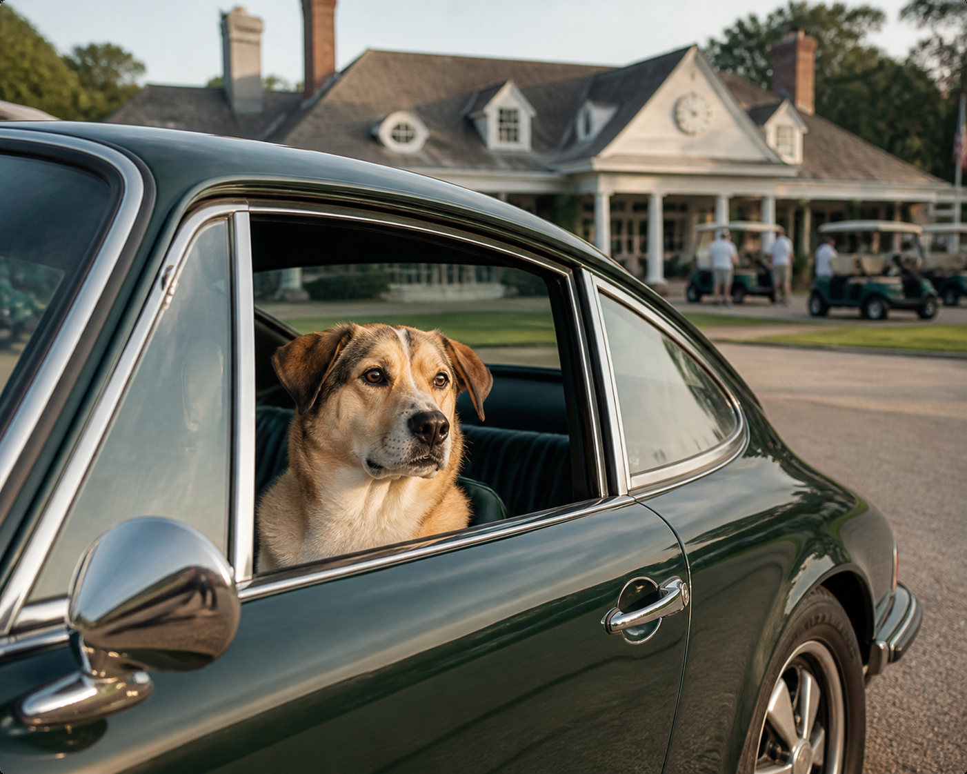 Jaxson sitting in the passenger seat of a dark green vintage car outside a golf clubhouse.
